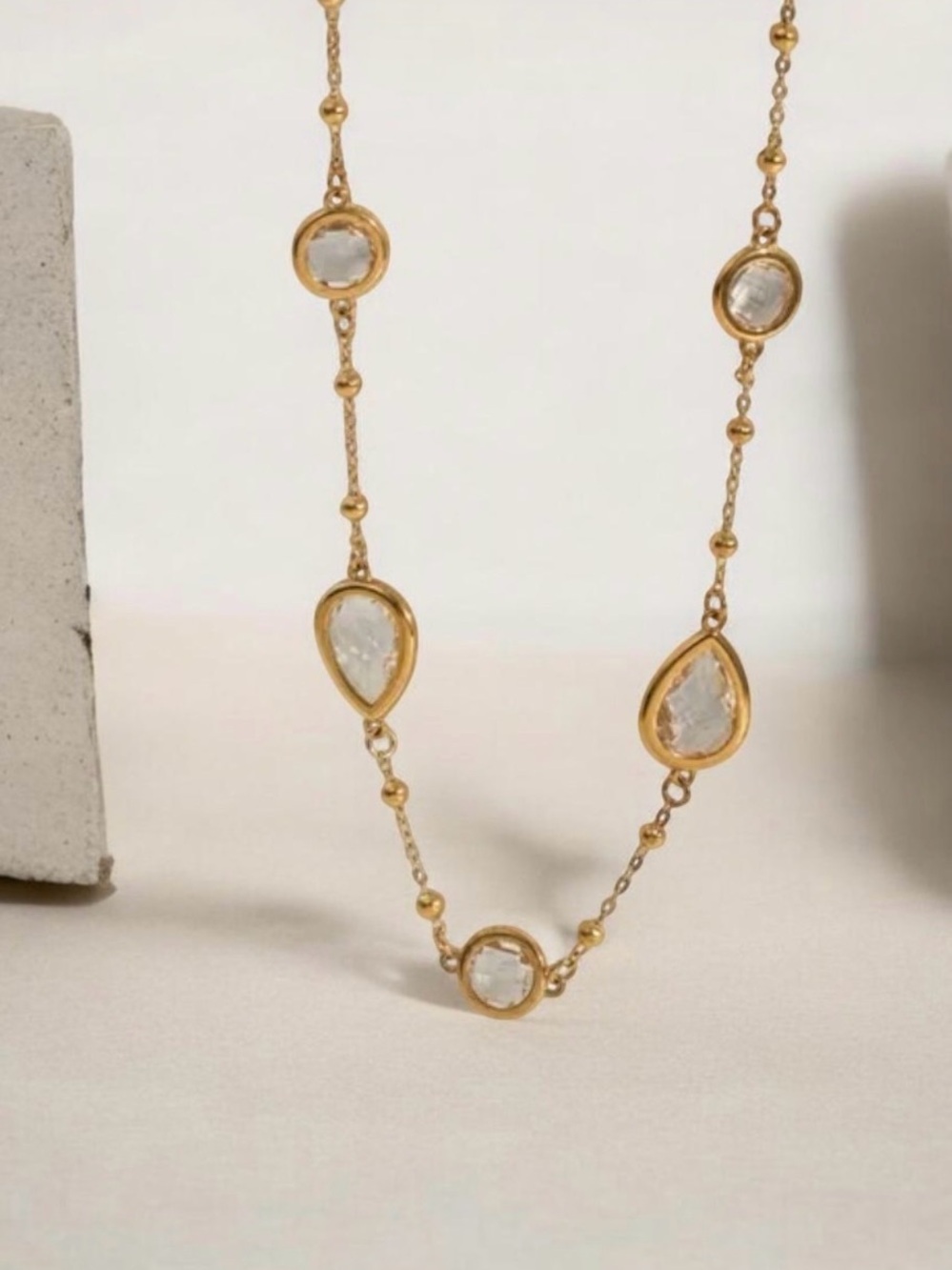 Teardrop & Round Crystal Station Necklace NWT 18KT Gold Plated PVD Coated